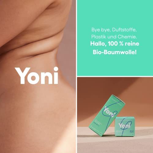 Kombination aus Text und Bildern. Yoni-Logo, Text: Bye bye, Duftstoffe, Plastik und Chemie. Hallo, 100% reine Bio-Baumwolle!