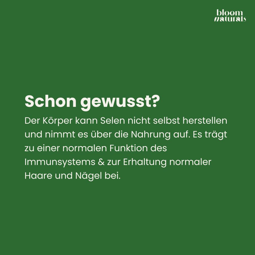 Grüner Hintergrund mit Text über die Körperfunktion von Selen für Immunsystem, Haare und Nägel.