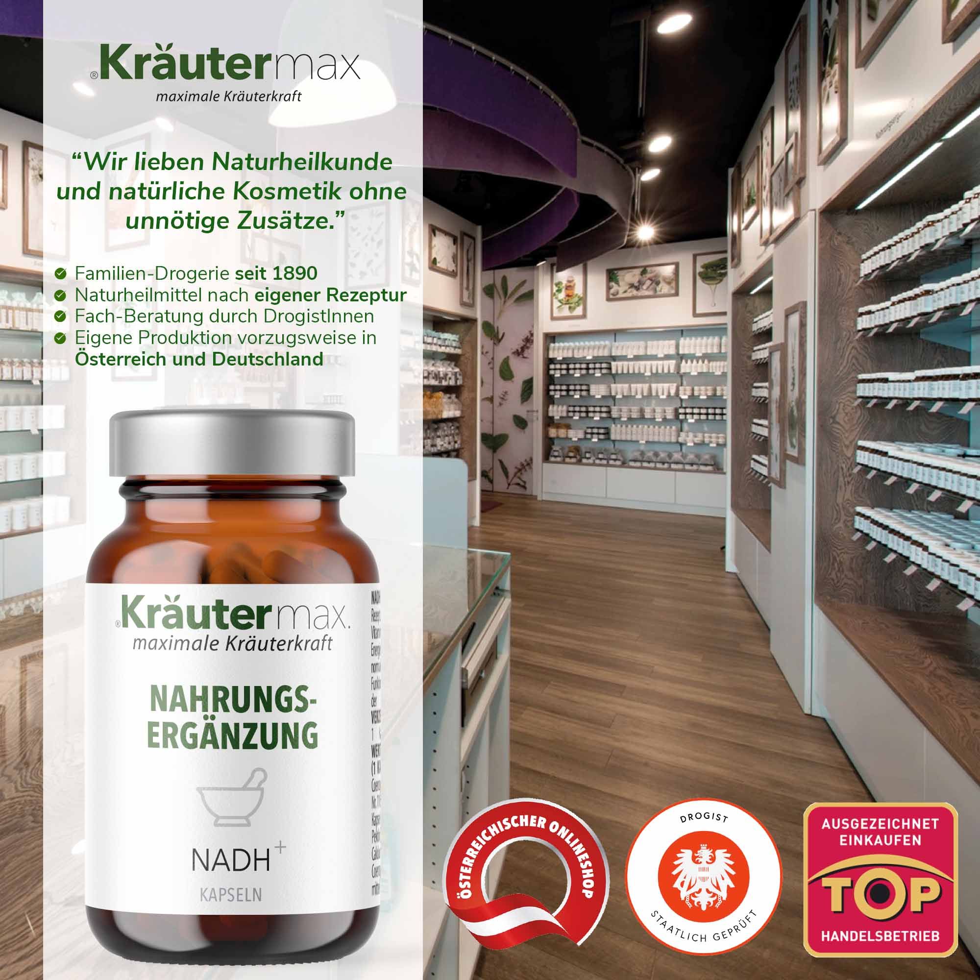 Braune Glasflasche mit weißem Etikett. Text: NADH Kapseln, Nahrungsergänzung. Logo: Kräutermax. Im Hintergrund: Apotheke mit Regalen.