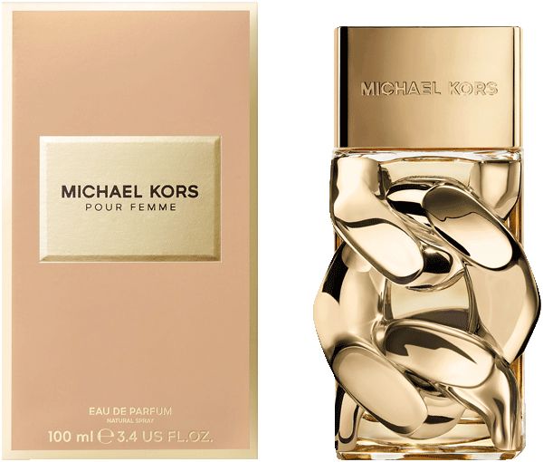 Flakon und Verpackung von Michael Kors Pour Femme. Goldfarbener Flakon mit Kette. Rechteckige Verpackung mit Logo.