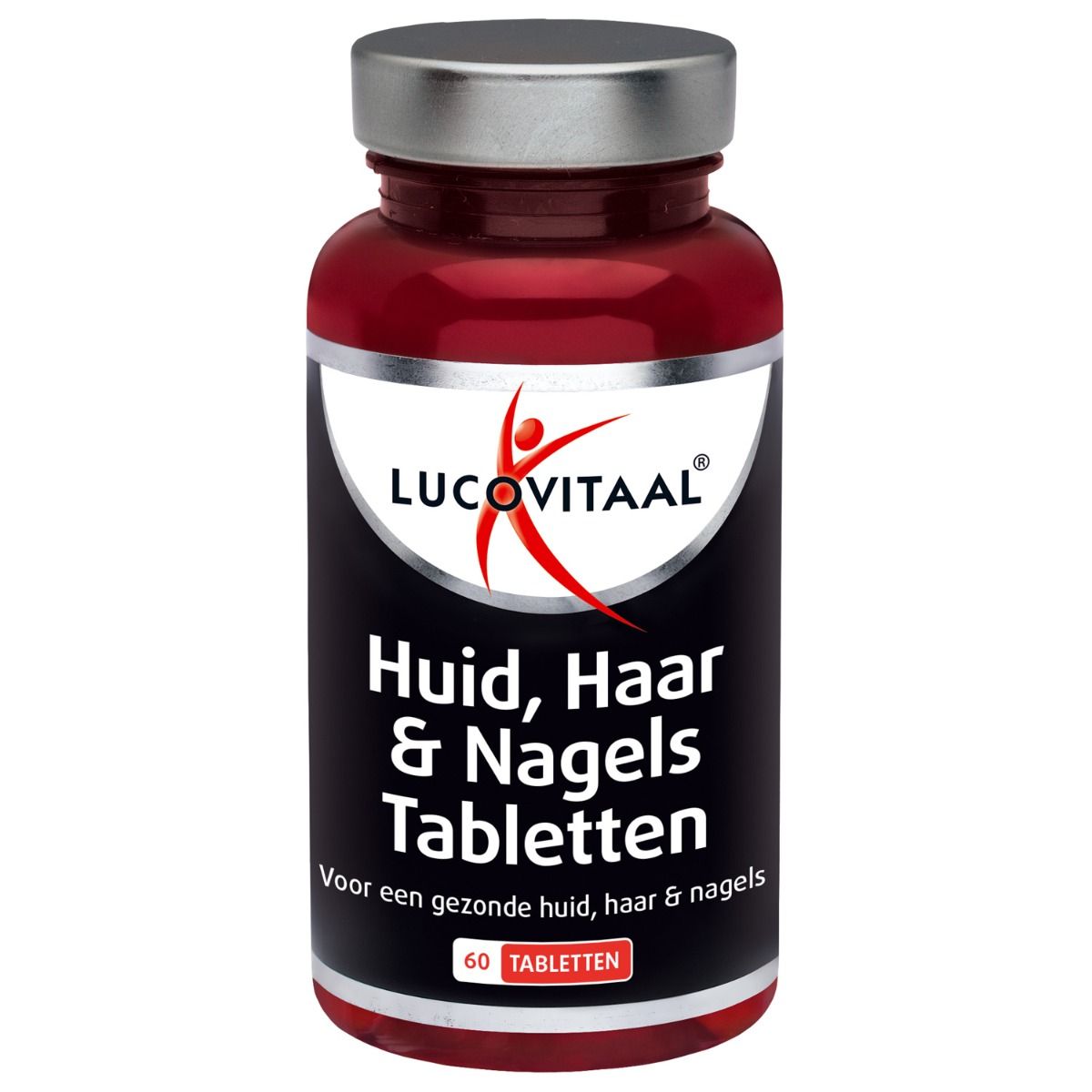 Braune Flasche mit silbernem Deckel. Enthält 60 Tabletten. Aufschrift: Lucovitaal Huid, Haar & Nagels Tabletten.