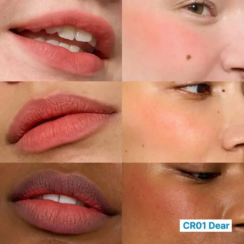 Mehrere Nahaufnahmen von Gesichtern mit Lippen und Wangen. Farbton CR01 Dear. Gezeigt werden Lippen und Wangen.