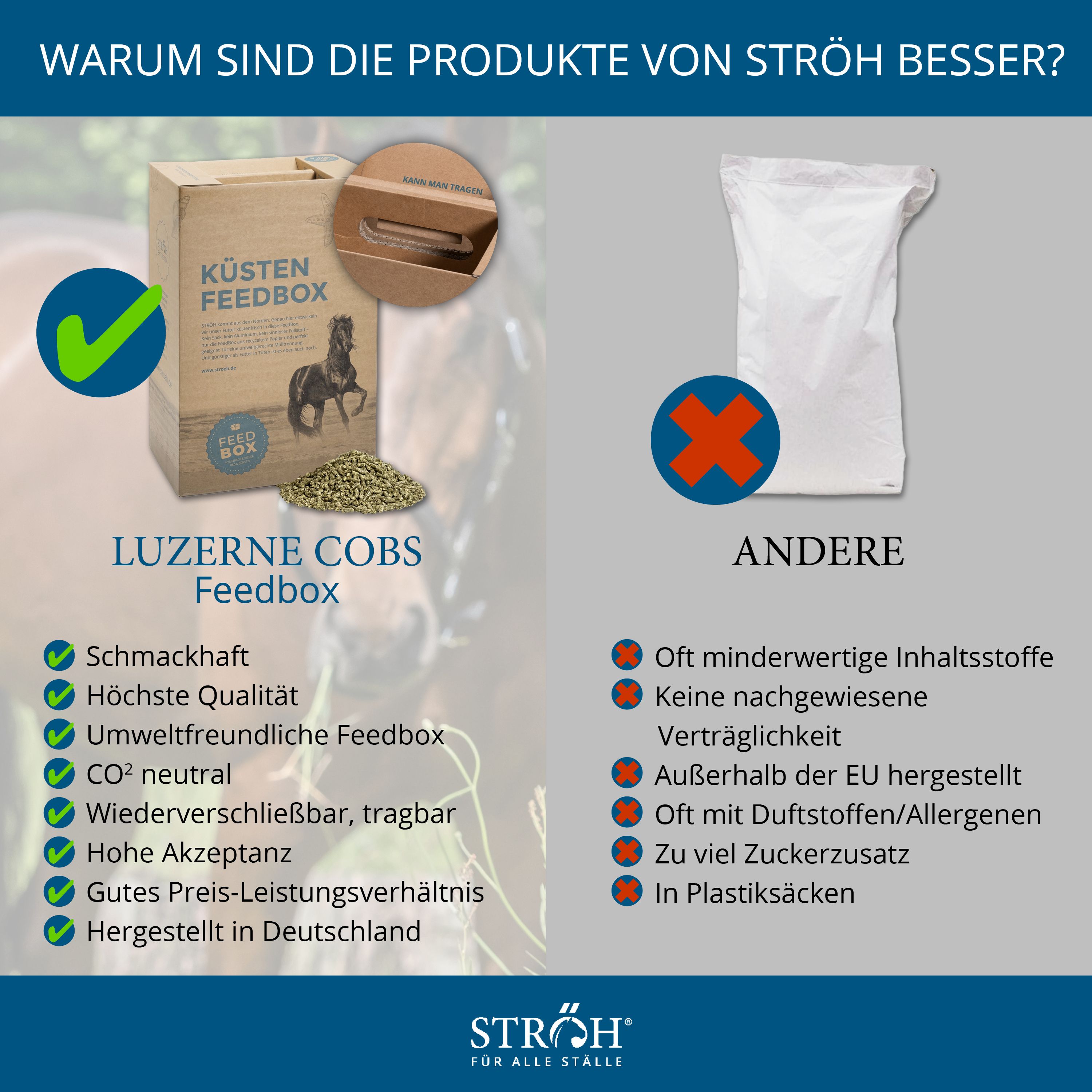 Vergleich "KÜSTEN FEEDBOX" mit anderen Produkten. Text: "Schmackhaft, Höchste Qualität, Umweltfreundliche Feedbox, CO2 neutral..."