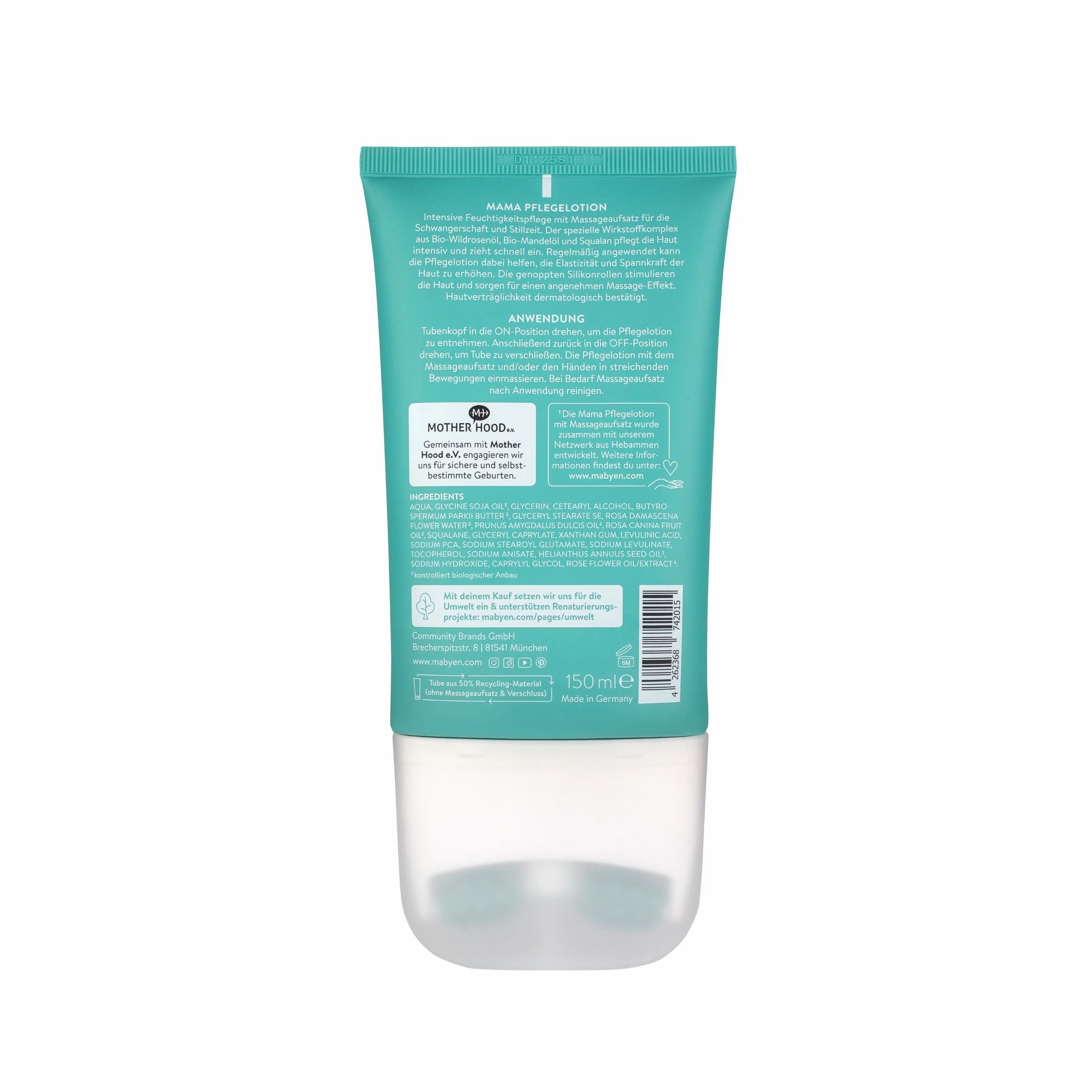 Rückseite der MABYEN Pflegelotion Mama Tube. Text: Inhaltsstoffe, Anwendungshinweise, Herstellerinformationen. 150ml.