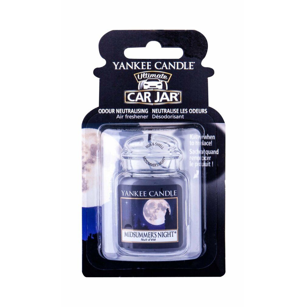 Lufterfrischer im Glasbehälter in Verpackung. Aufschrift: Yankee Candle, Car Jar, Midsummers Night. Mond-Motiv.