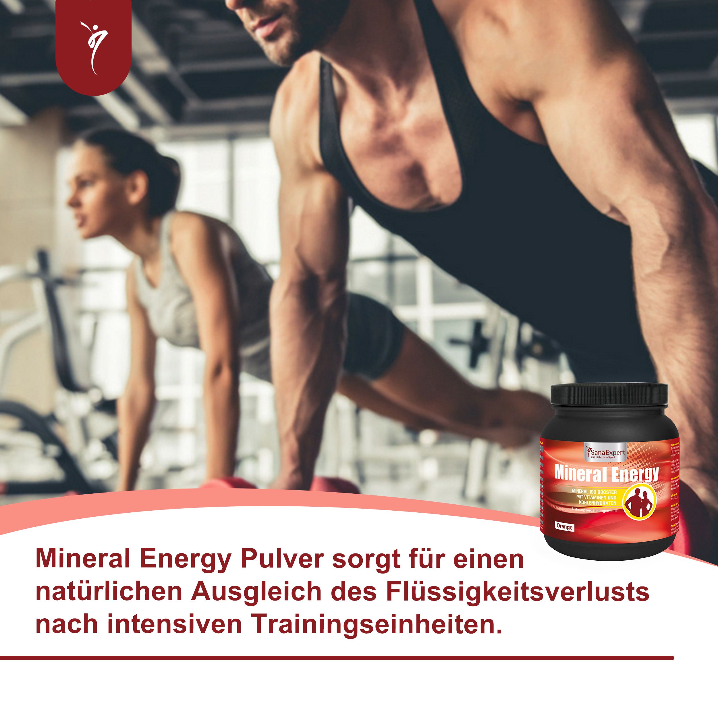Zwei Personen trainieren im Fitnessstudio. SanaExpert Mineral Energy-Behälter. Schwarzer Behälter mit orangefarbenem Etikett. Produktname sichtbar.