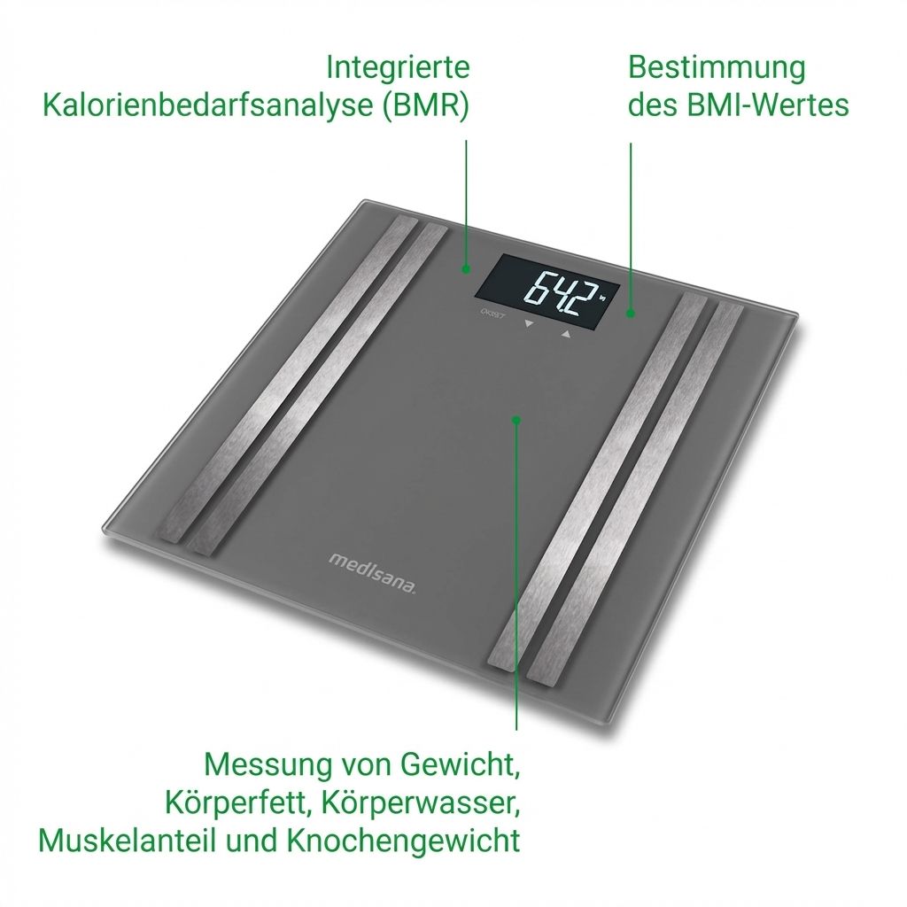 Graue Glaswaage mit integrierter Kalorienanalyse (BMR) und BMI-Wert-Bestimmung.