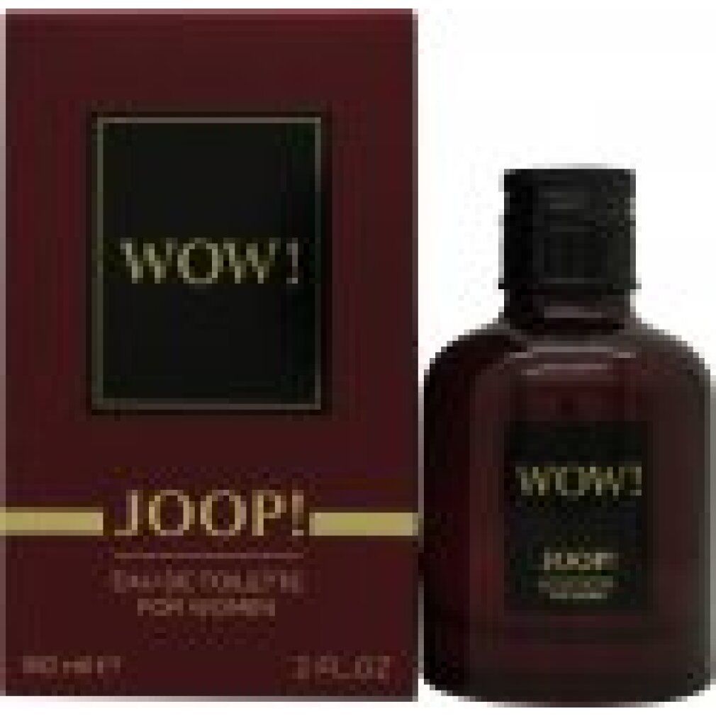 Joop! Wow! Eau de Toilette für Damen. Roter Flakon und Verpackung mit schwarzem Etikett. Goldene Schrift.