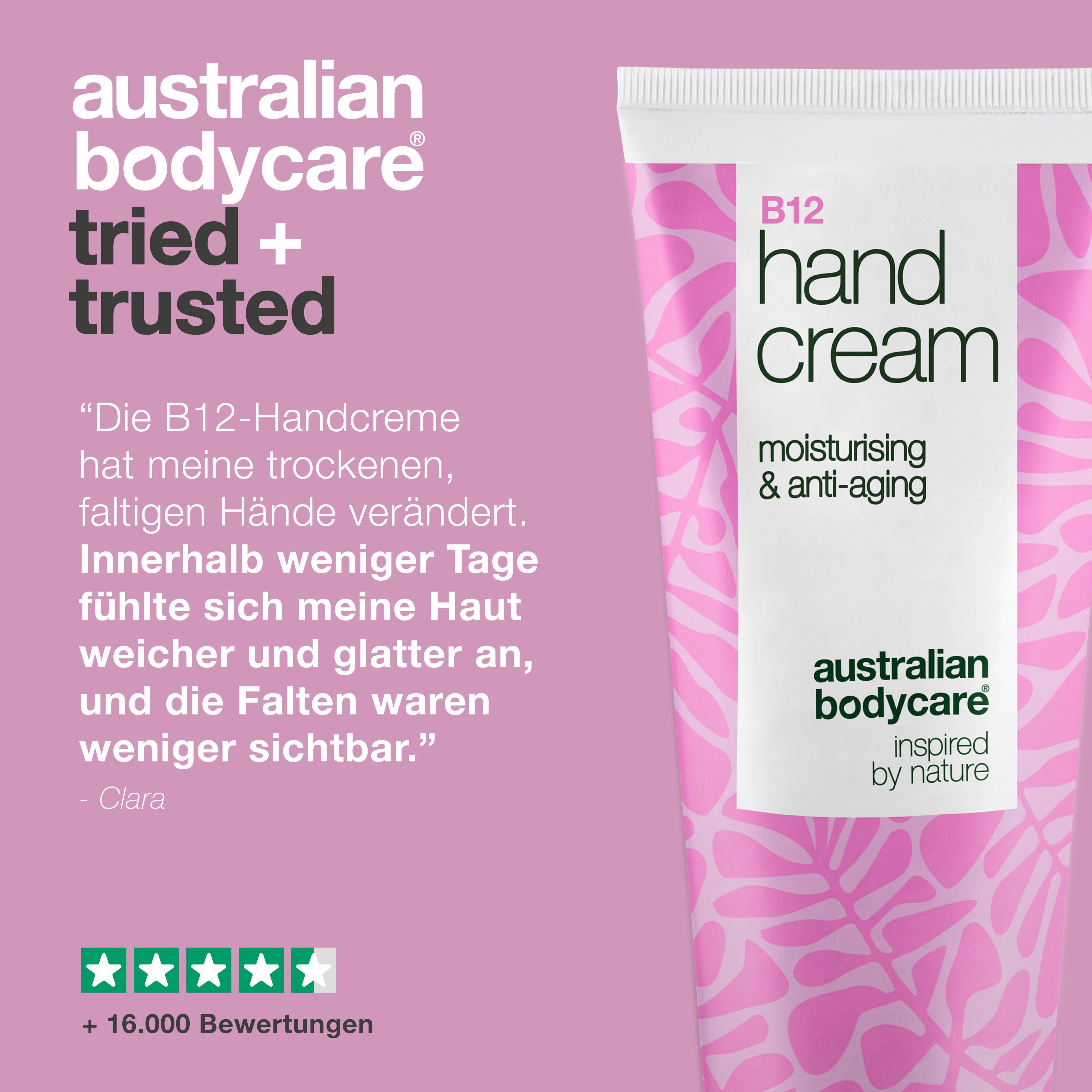 Handcreme-Tube, Text: B12 Hand Cream, Australian Bodycare. Zitat: Hände sind weicher, glatter, weniger Falten.