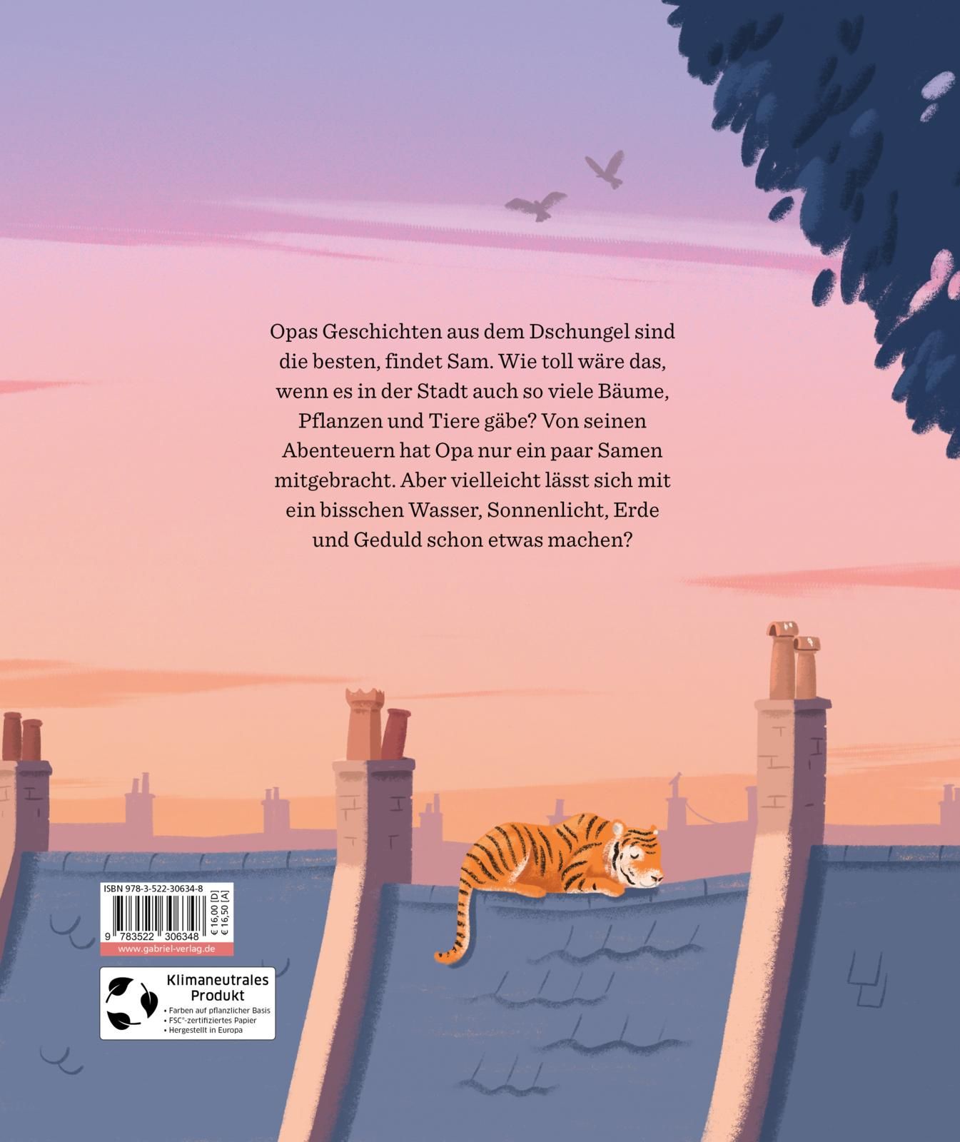 Rückseite des Buches "Sam und der Zauberbaum". Text. Illustration: Tiger auf Dach. Verlag "Gabriel". Umweltzeichen.