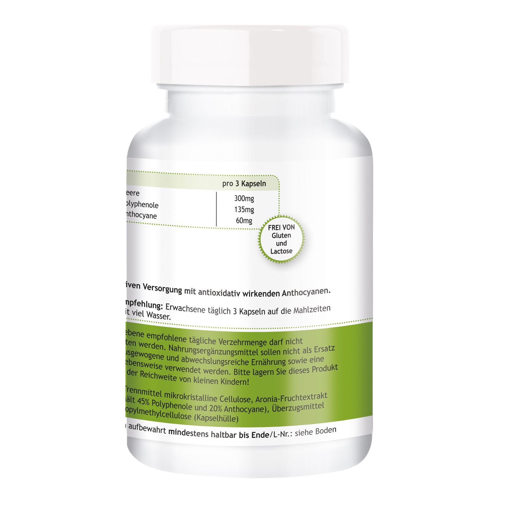 Rückseite der weißen Flasche. Aufschrift: ARONIA-EXTRAKT. Angaben pro 3 Kapseln. Frei von Gluten und Laktose. Inhaltsstoffe. Mindesthaltbarkeitsdatum.