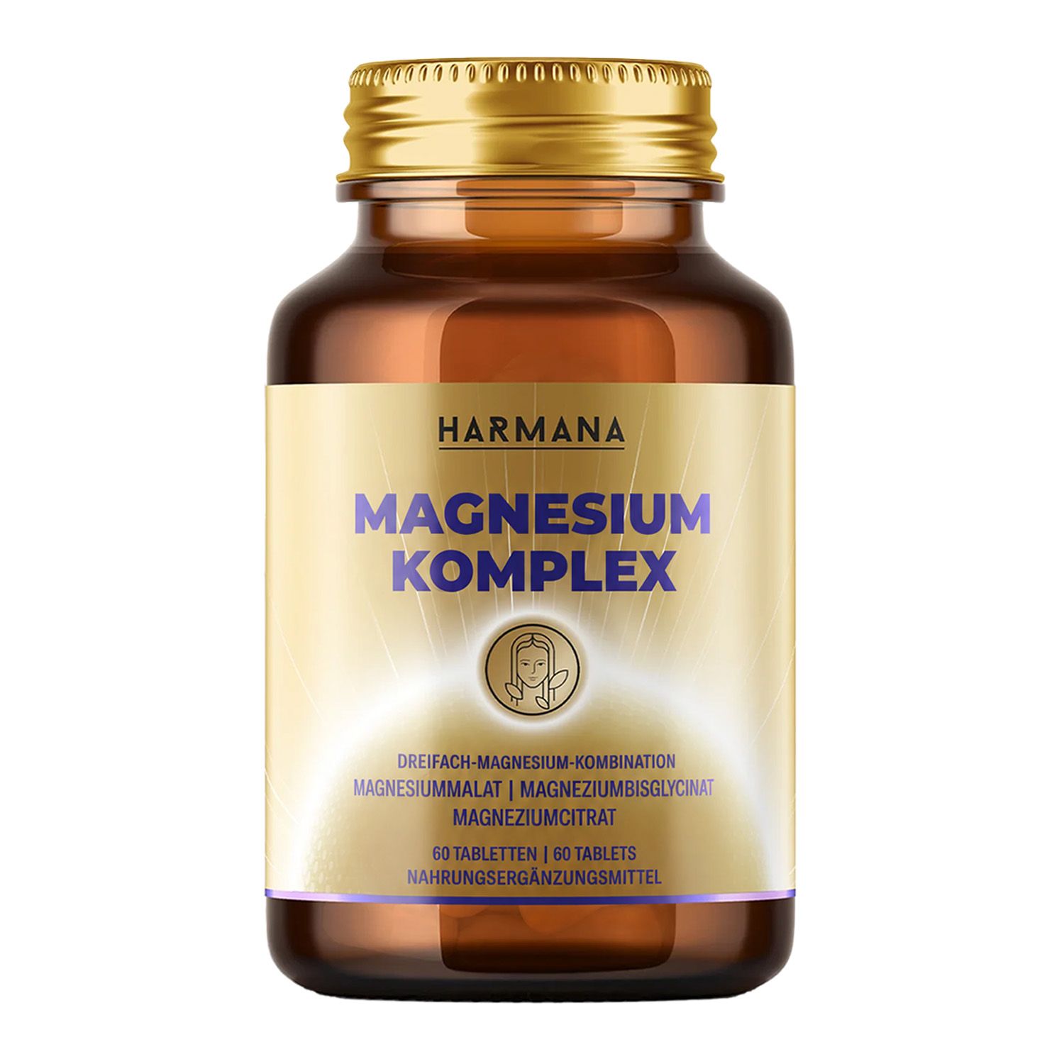 Braune Glasflasche mit goldenem Schraubverschluss, Etikett mit 'HARMANA MAGNESIUM KOMPLEX', 60 Tabletten.