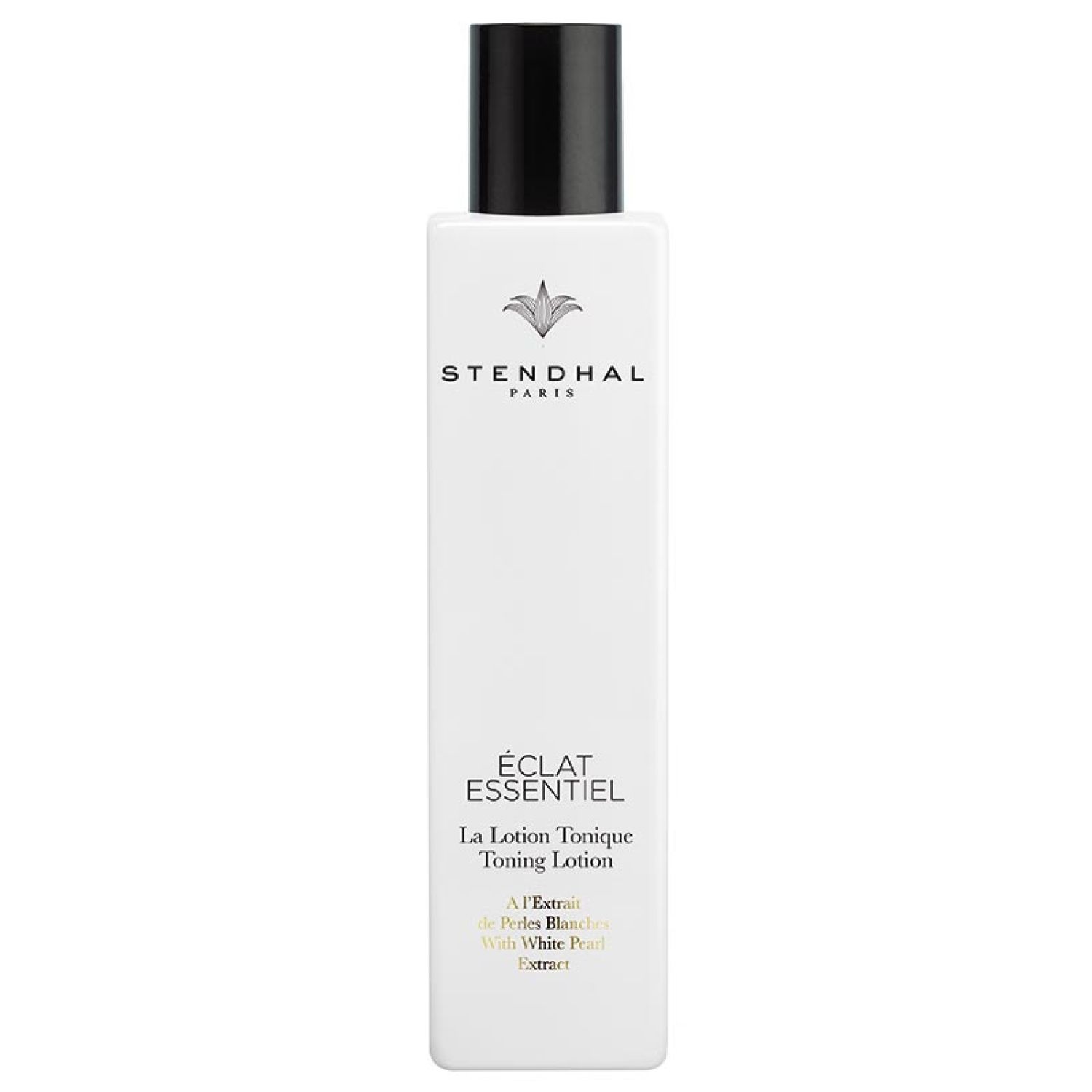 Witte fles met zwarte dop. Opschrift: Stendhal Paris, Éclat Essentiel, La Lotion Tonique Toning Lotion.