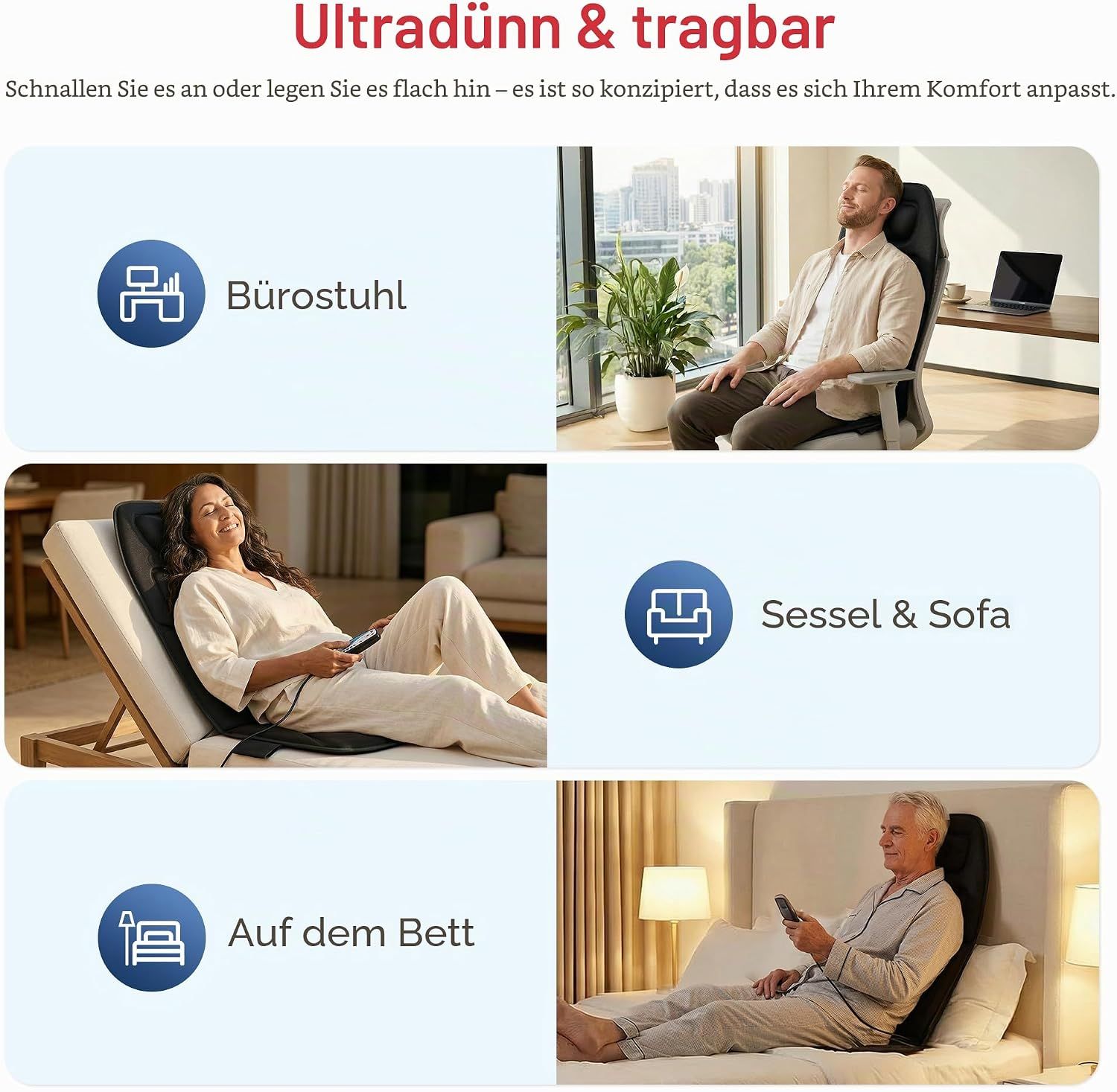 Massagegerät für Nacken, Rücken und Gesäß, ultradünn und tragbar, für Bürostuhl, Sessel und Bett.