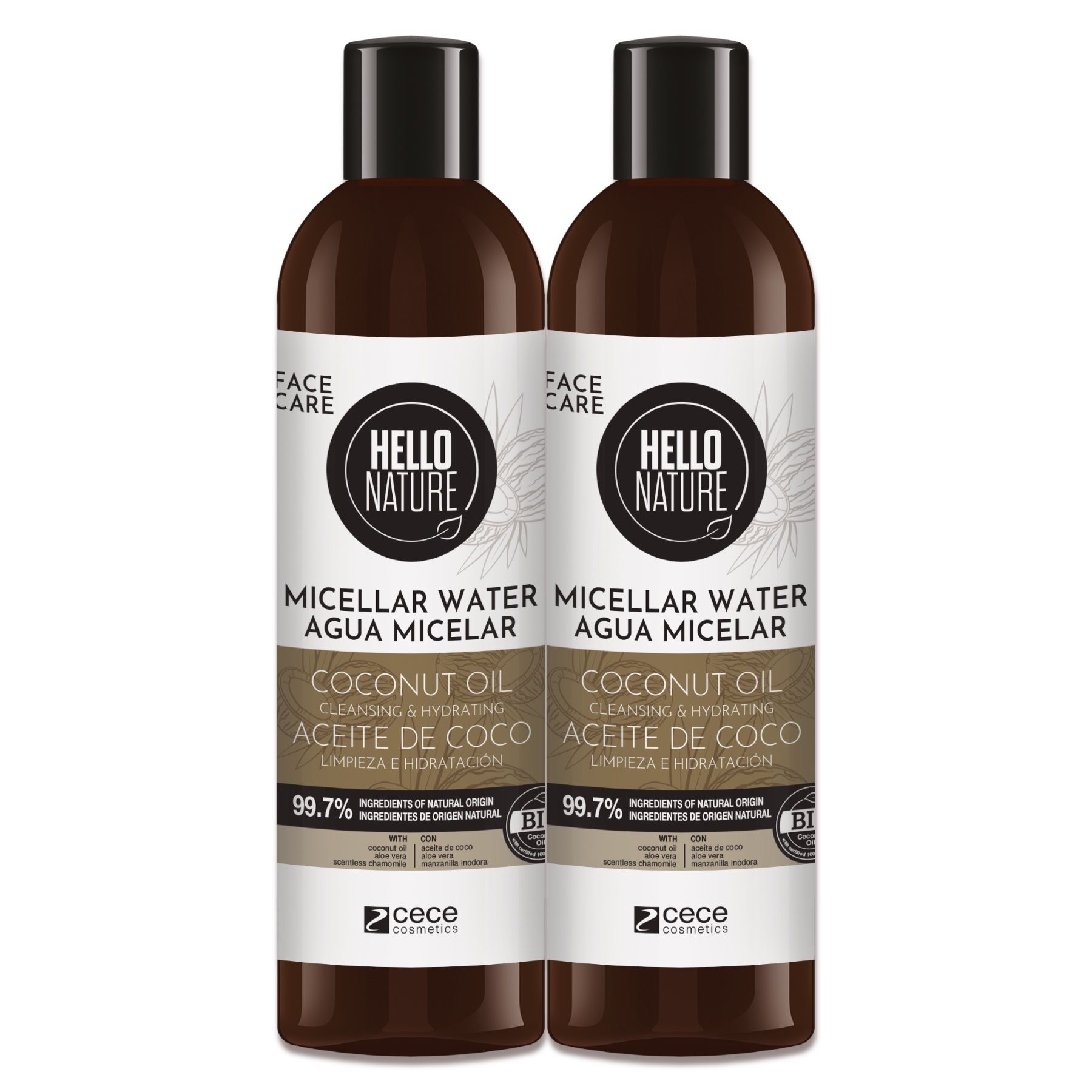 Zwei Flaschen Mizellenwasser mit Kokosöl. Logo Hello Nature. Text: Agua Micelar, Coconut Oil.