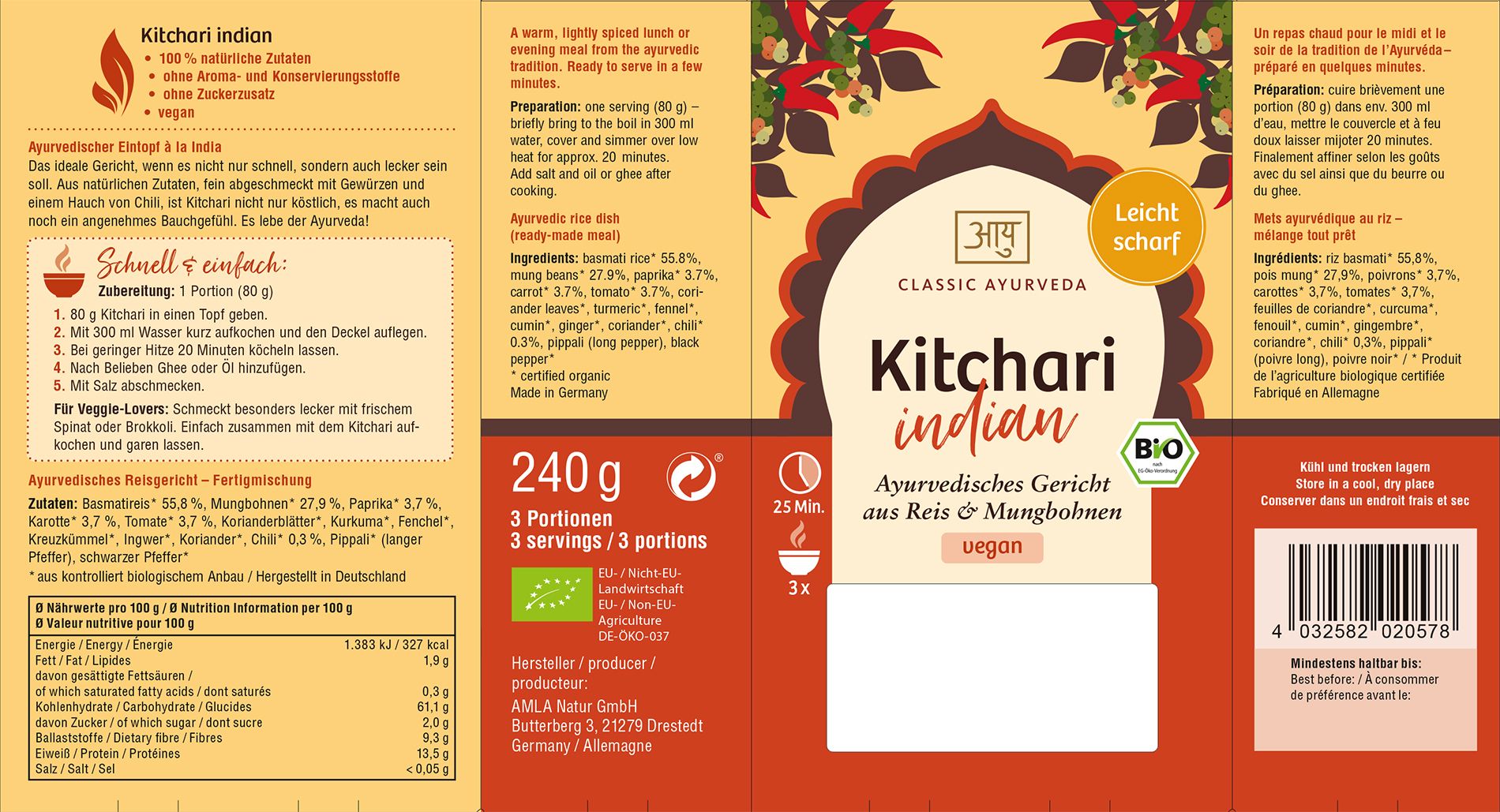 Geöffnete Verpackung von Kitchari indisch. Produktinformationen, Zutatenliste und Logo. Bio-Siegel und Text: vegan.