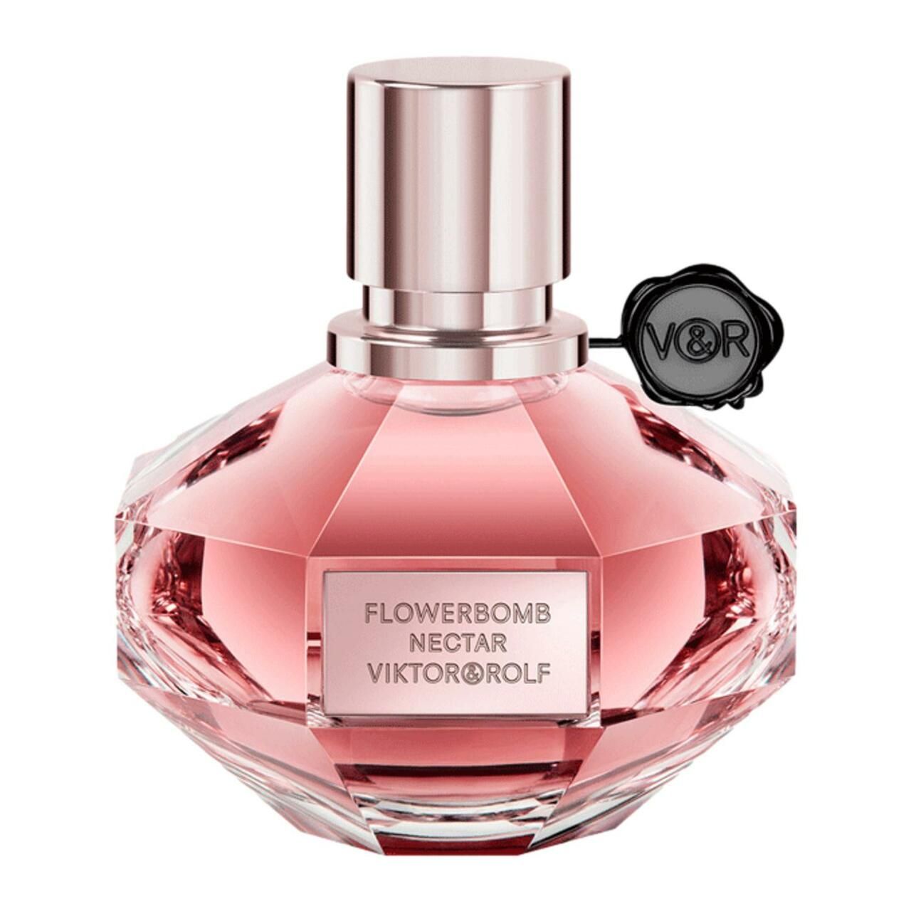 Rosafarbener Flakon mit rosa Flüssigkeit. Aufschrift: Flowerbomb Nectar Viktor & Rolf. Schwarzes Siegel mit V&R-Logo.