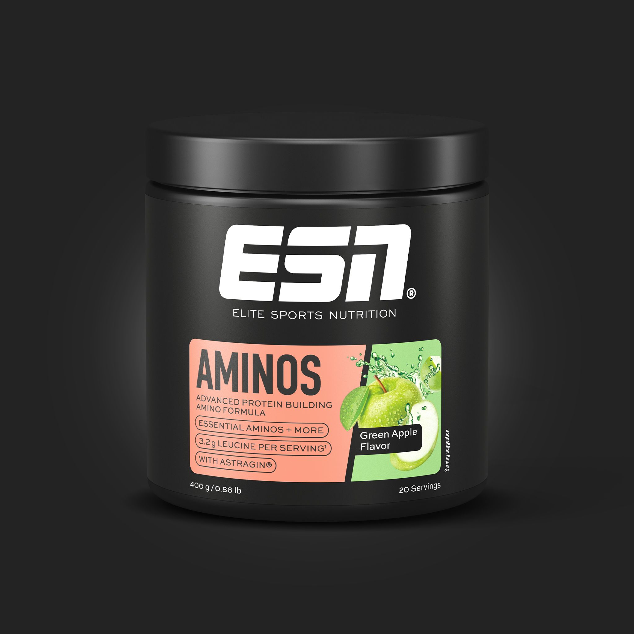 Schwarze Dose ESN Aminos, Grün-Apfel-Geschmack. Aufschrift "AMINOS". 400g/0.88 lb, 20 Portionen.
