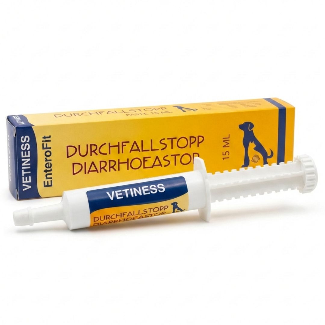 Produktverpackung und Applikator. Text: Durchfallstopp Diarrhoeastop. Produktname: Vetiness EnteroFit. 15 ml.