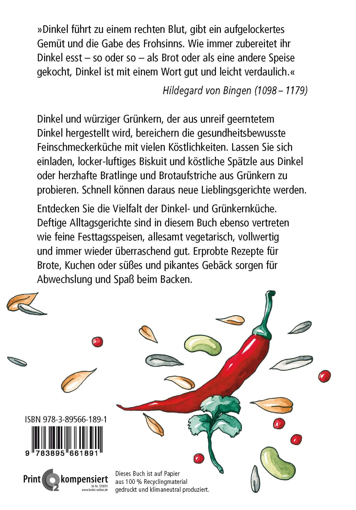 Rückseite des Buches "Dinkel und Grünkern". Text, ISBN und Illustration einer Chili-Schote.