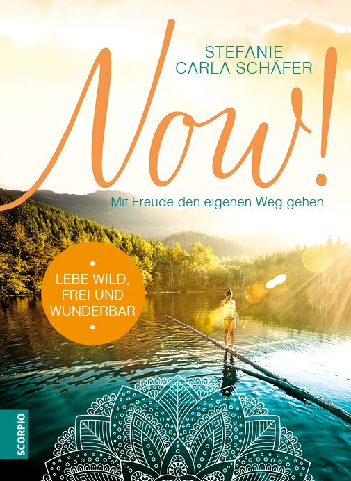 Buchcover mit Titel Now! und Autorin Stefanie Carla Schäfer. Auf dem Cover eine Person auf einem Baumstamm auf einem See.