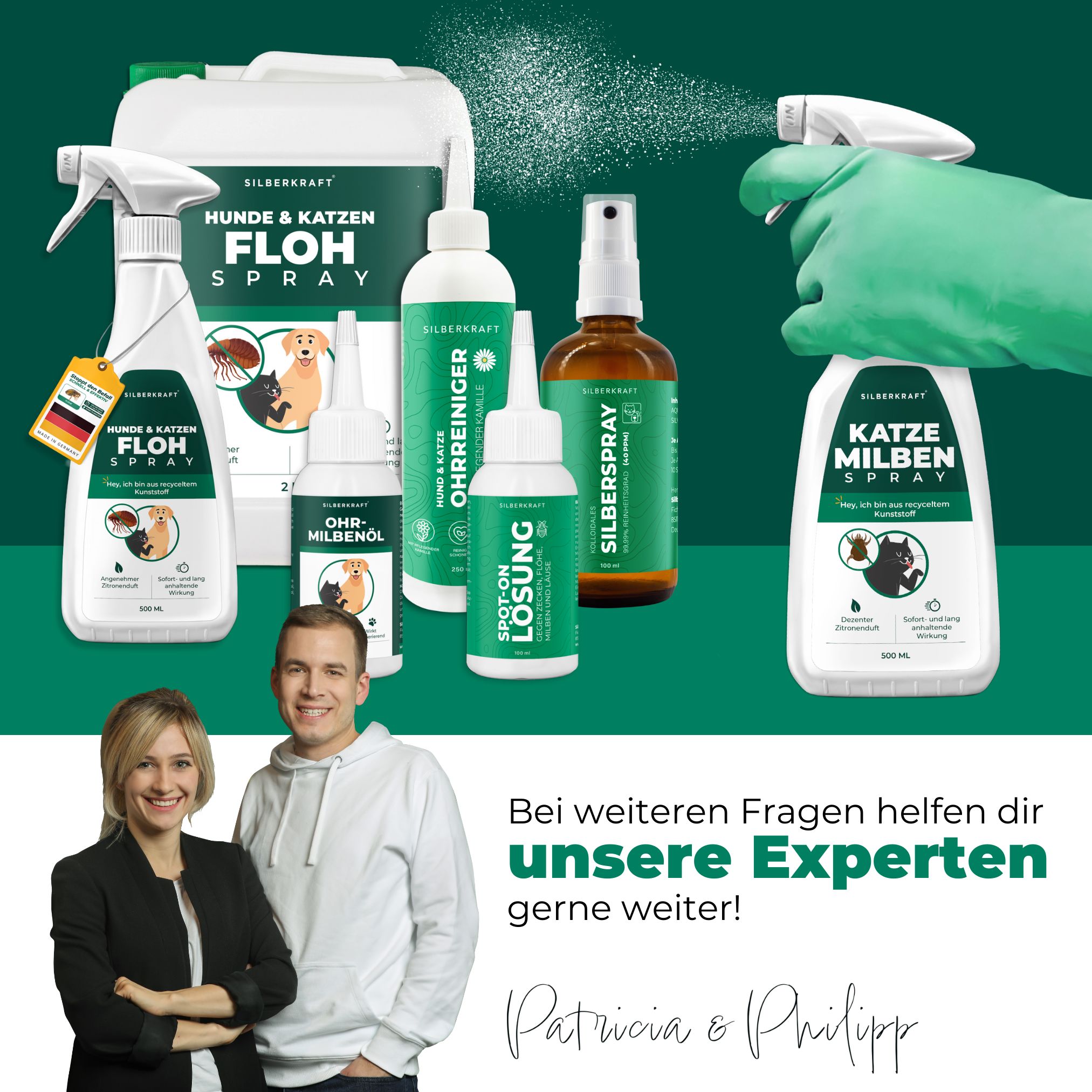 Verschiedene Produkte, darunter Katze Milbenspray. Zwei Personen lächeln. Text: Bei Fragen helfen dir unsere Experten gerne weiter!