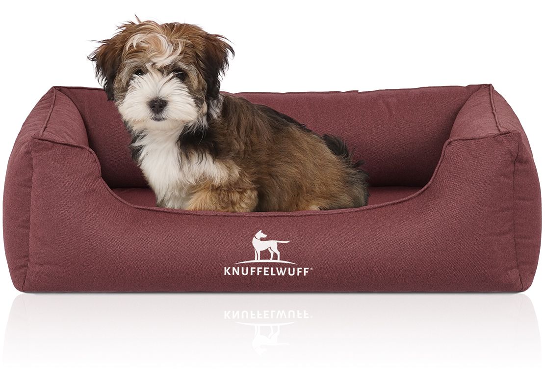 Burgunderfarbenes Hundebett mit Hund. Weißes Logo mit Hund und Schriftzug Knuffelwuff. Rechteckige Form.