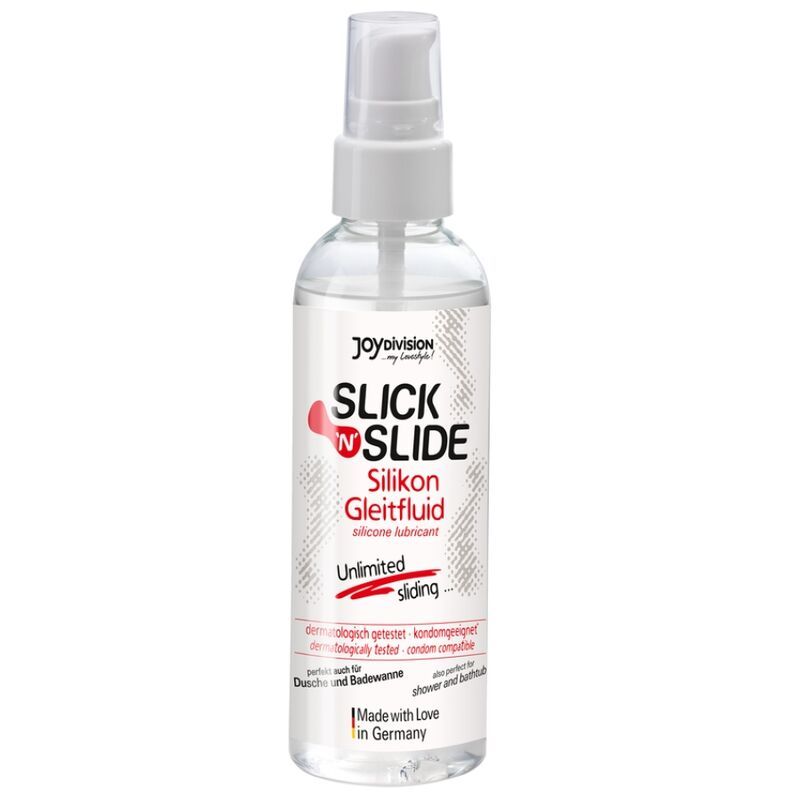 Transparente Flasche mit Sprühkopf. Aufschrift: Slick'N'Slide Silikon Gleitfluid. Dermatologisch getestet. Für Dusche und Badewanne.