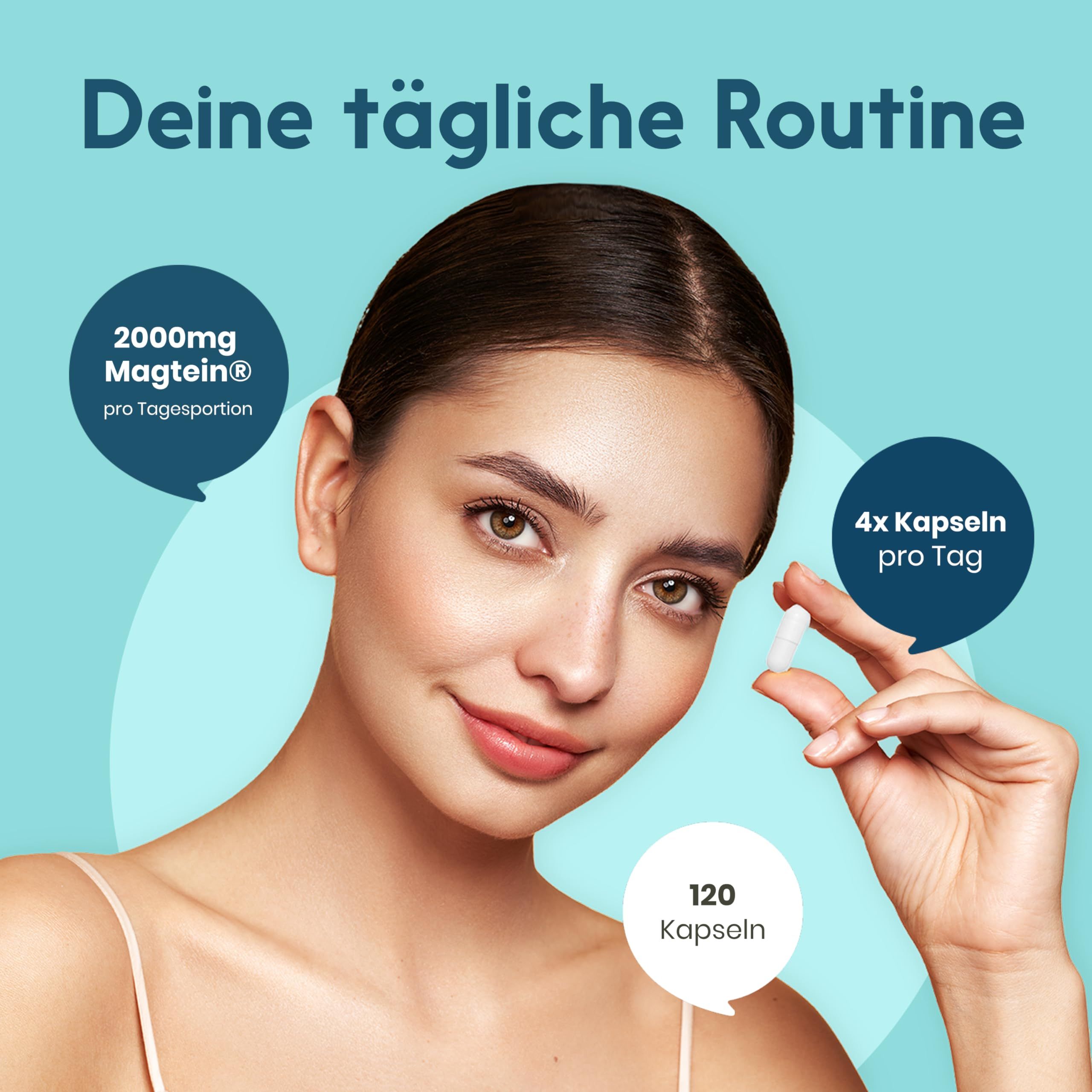 Eine Frau hält eine Kapsel. Text: 2000mg Magtein pro Tagesportion, 4x Kapseln pro Tag, 120 Kapseln.