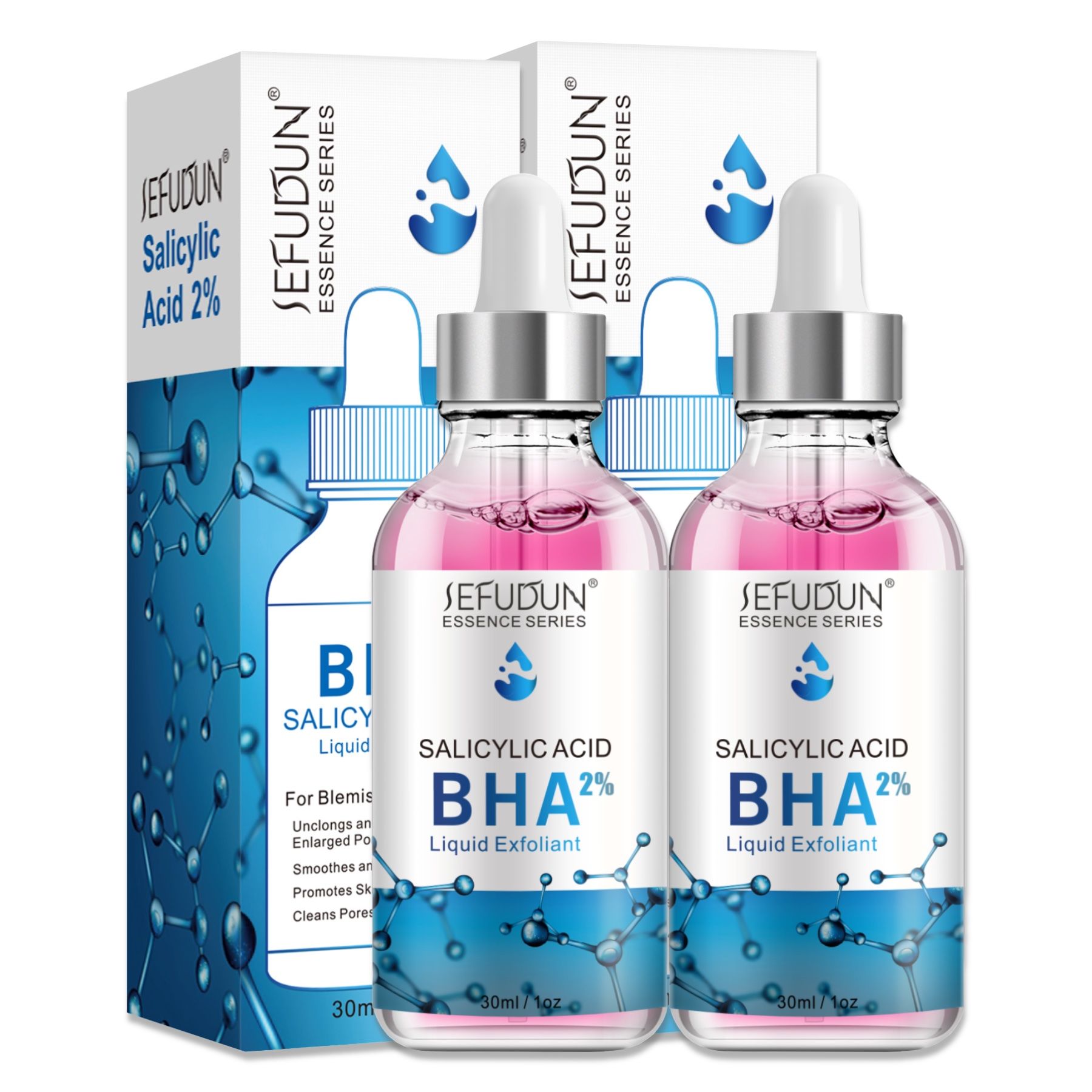 Zwei Flaschen Serum mit Pipetten. Aufschrift: Salicylsäure BHA 2% Liquid Exfoliant. Verpackung: weiß-blau. Marke: SEEFUDUN.