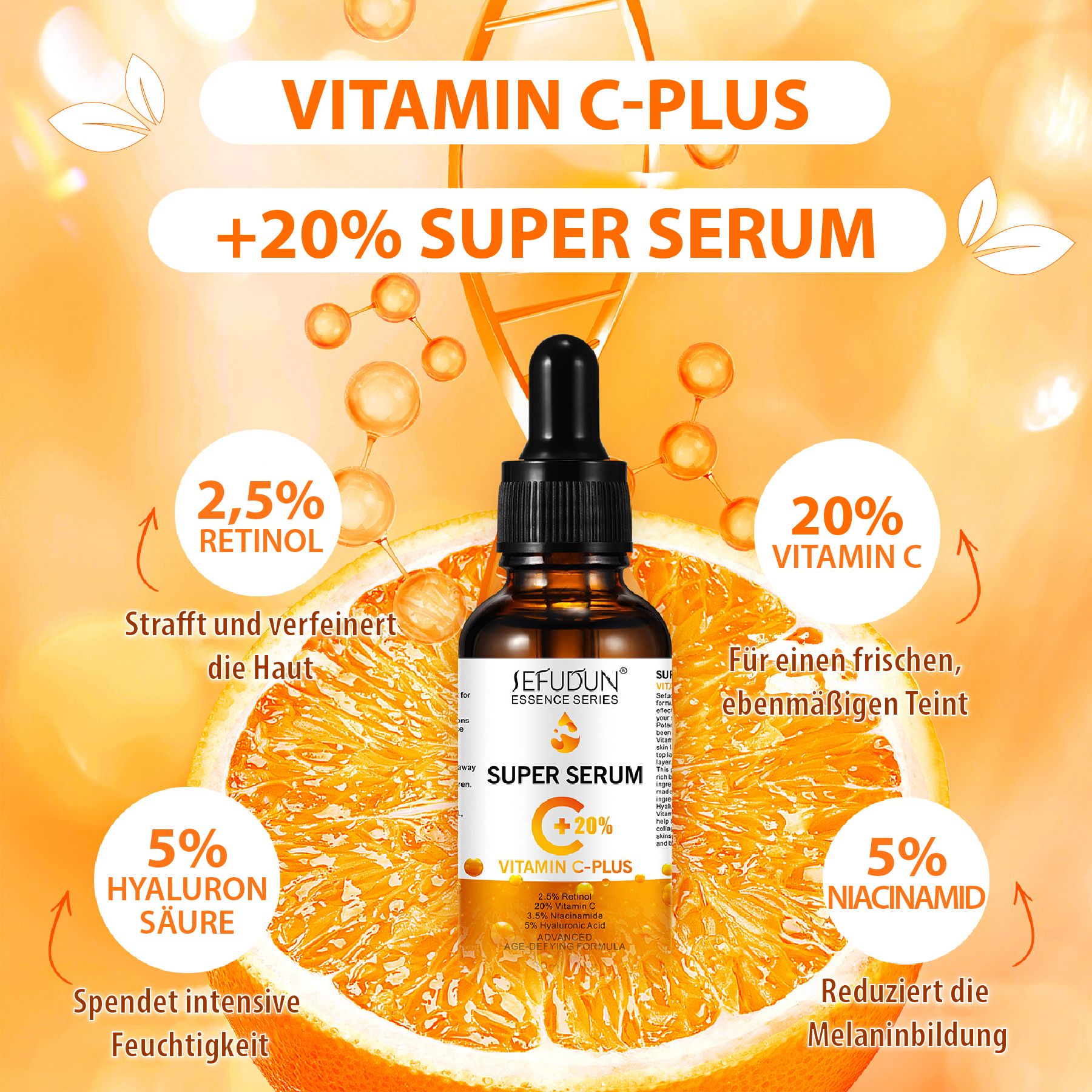Serumflasche mit Pipette, umgeben von Grafiken. Aufschrift: SEFUDUN, Super Serum C +20% Vitamin C-Plus. Inhaltsstoffe: Retinol, Vitamin C, Hyaluronsäure.