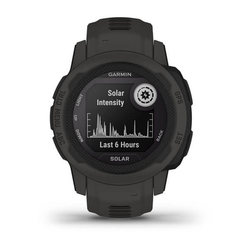 Schwarze Smartwatch mit Garmin-Logo. Zeigt Solarintensität an. Solar-Funktion. Diagramm der letzten 6 Stunden.