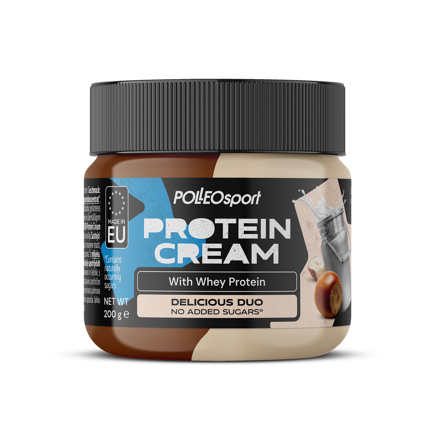 Dose Polleo Protein Cream. Schwarzer Deckel, weiß-braunes Etikett. Aufschrift: Protein Cream, With Whey Protein, Delicious Duo, No Added Sugars.