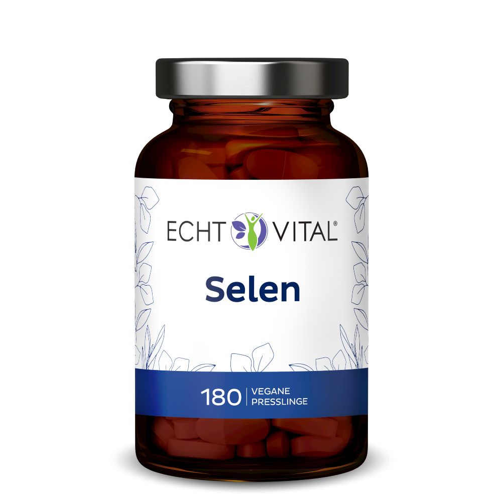Braune Glasflasche mit silbernem Deckel. Etikett mit "Echt Vital Selen" und "180 vegane Presslinge".
