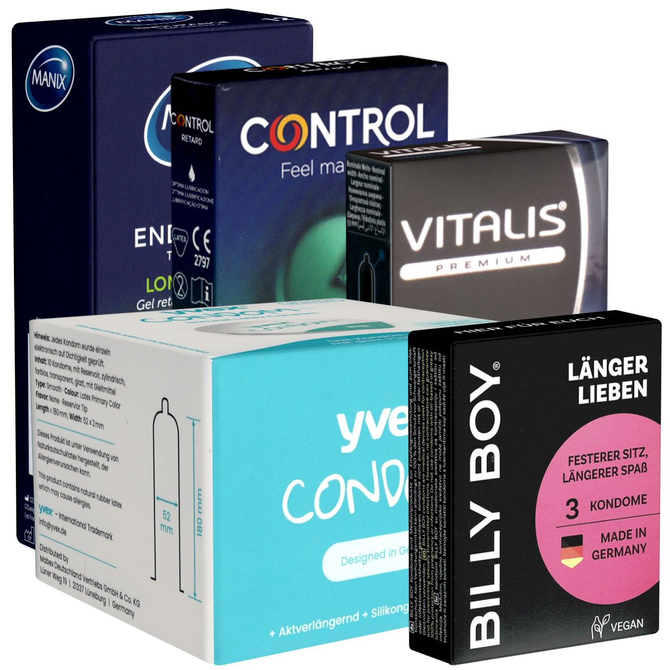 Verschiedene Kondom-Verpackungen. Sichtbar: Billy Boy, 3 Kondome, Made in Germany, Vegan. Weitere Marken: Control, Vitalis, yve, Manix.