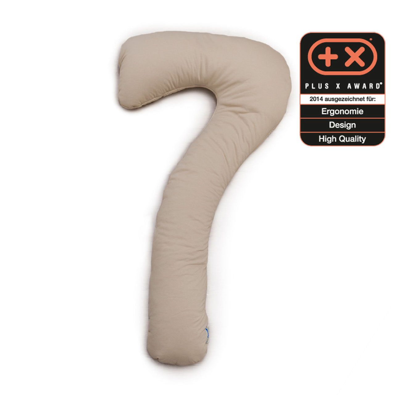 Beiges Seitenschläferkissen in 7-Form. Plus X Award-Siegel. Text: Ergonomie, Design, High Quality. Auf hellem Hintergrund.