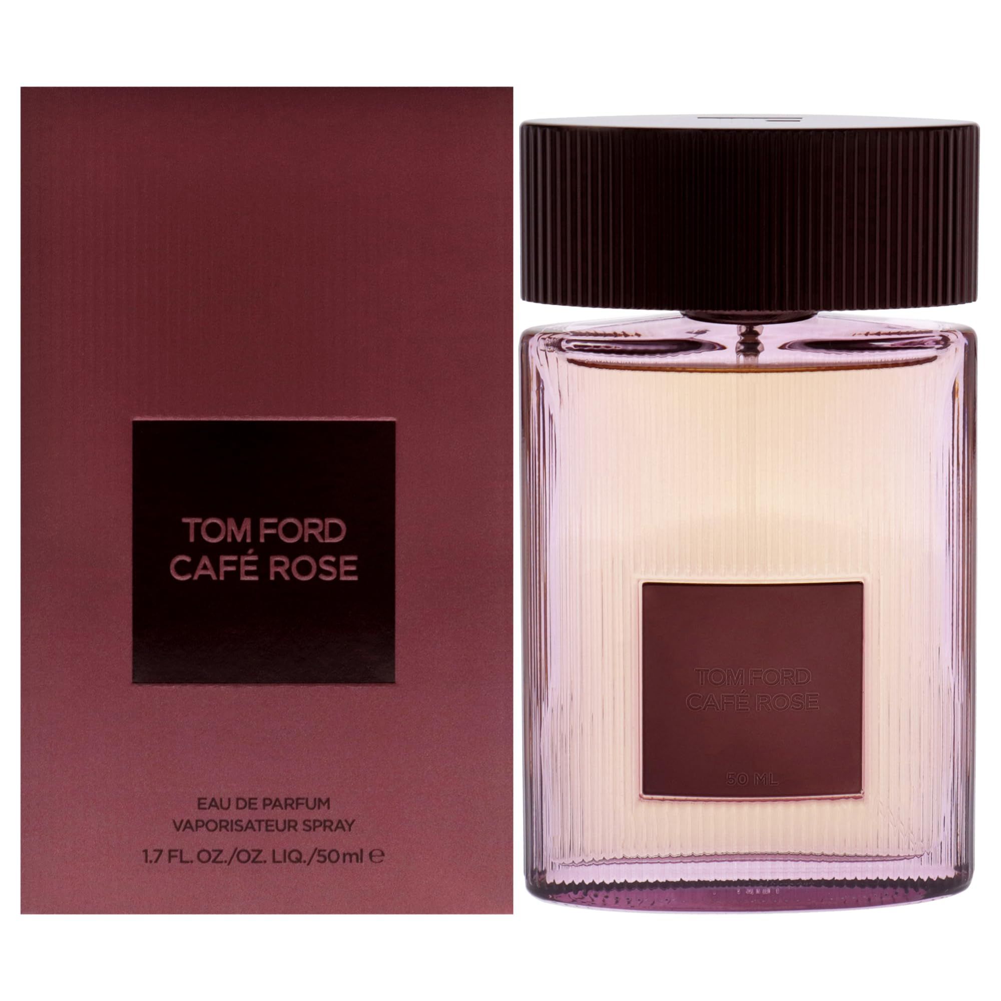 Flakon und Verpackung von TOM FORD CAFE ROSE. Flakon mit braunem Deckel und rechteckigem Etikett. Verpackung in Rotbraun.