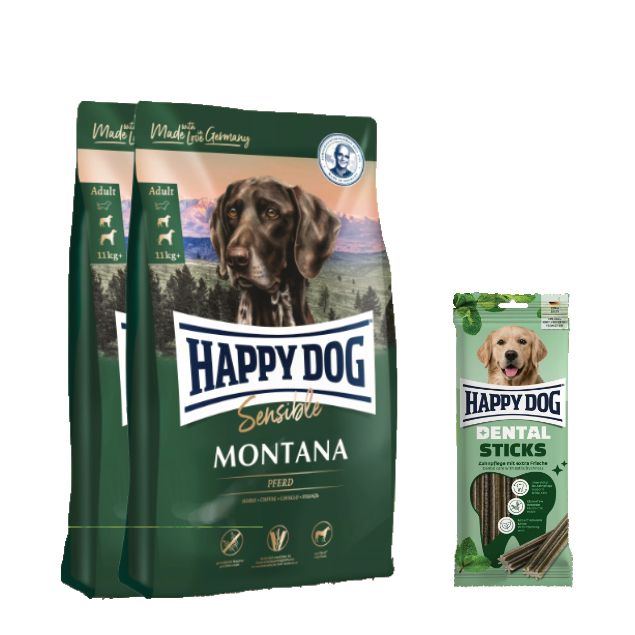 Happy Dog Sensible Montana Doppelpack + Dental Sticks für Hunde 20,1 kg