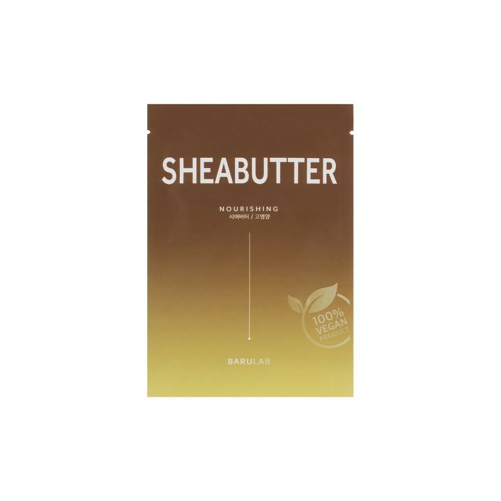 Verpackung mit Aufschrift SHEABUTTER. Text: NOURISHING. Logo: 100% VEGAN. Marke: BARULAB.