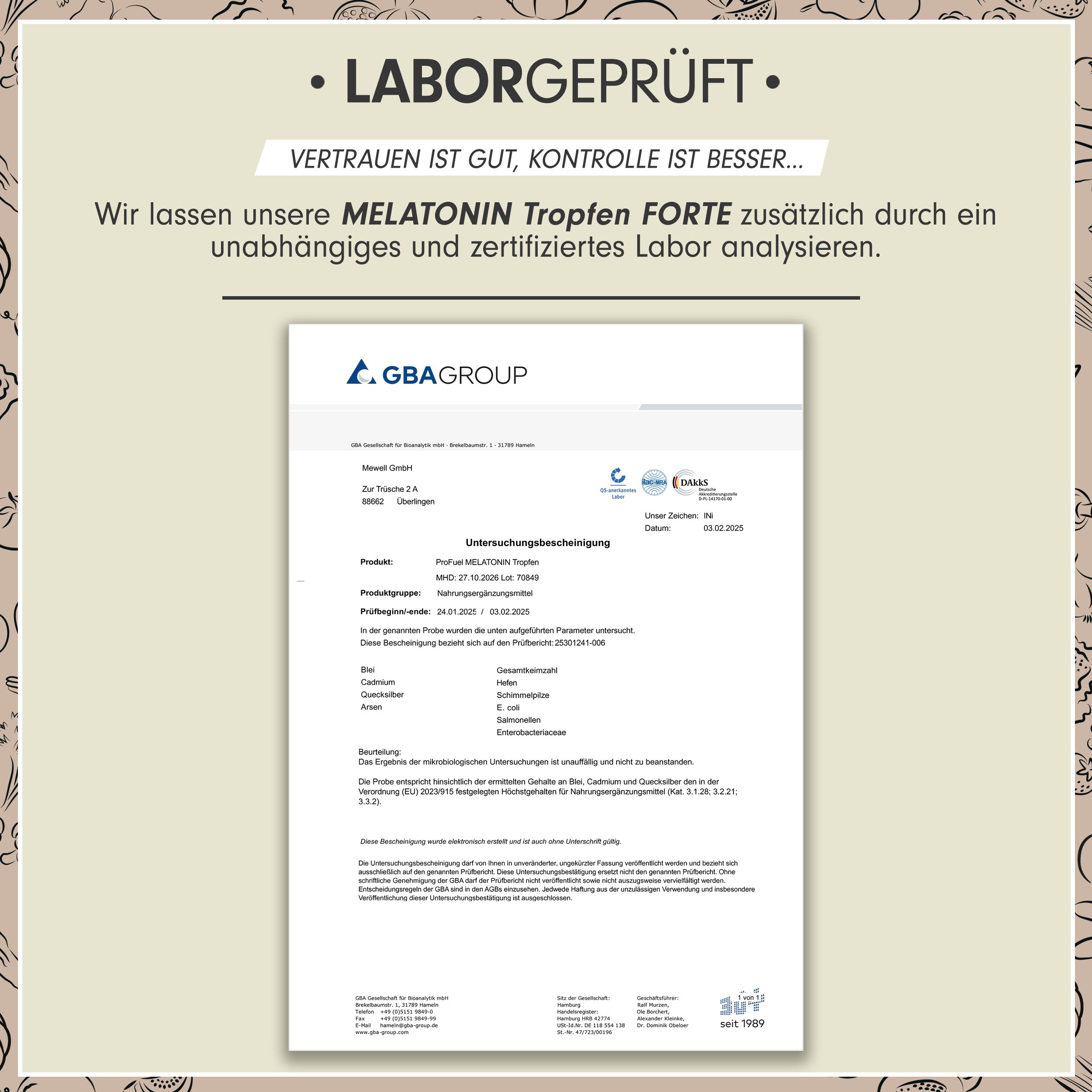 Laborbericht. Text: Melatonin Tropfen Forte, GBA Group, Zertifizierung. Unterschrift. Logo: GBA Group.