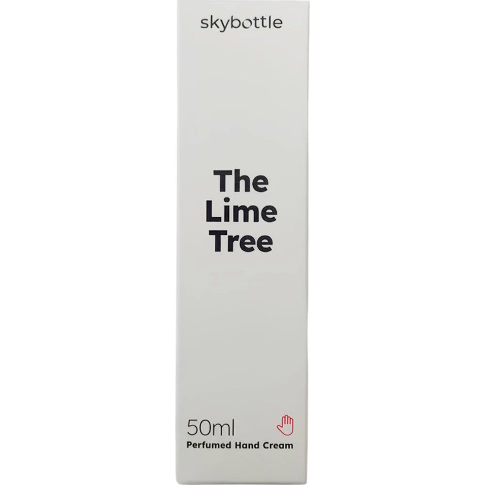 Weiße Verpackung für SKYBOTTLE Handcreme "The Lime Tree". Text: "The Lime Tree", "50ml Perfumed Hand Cream". Hand-Symbol.