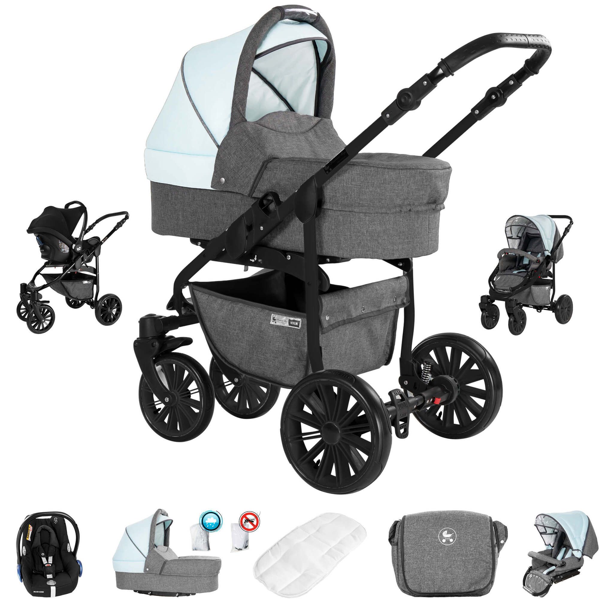 Friedrich Hugo Berlin 3 in 1 Kinderwagen mit Original Maxi Cosi, Luft Grey and Light Blue Night