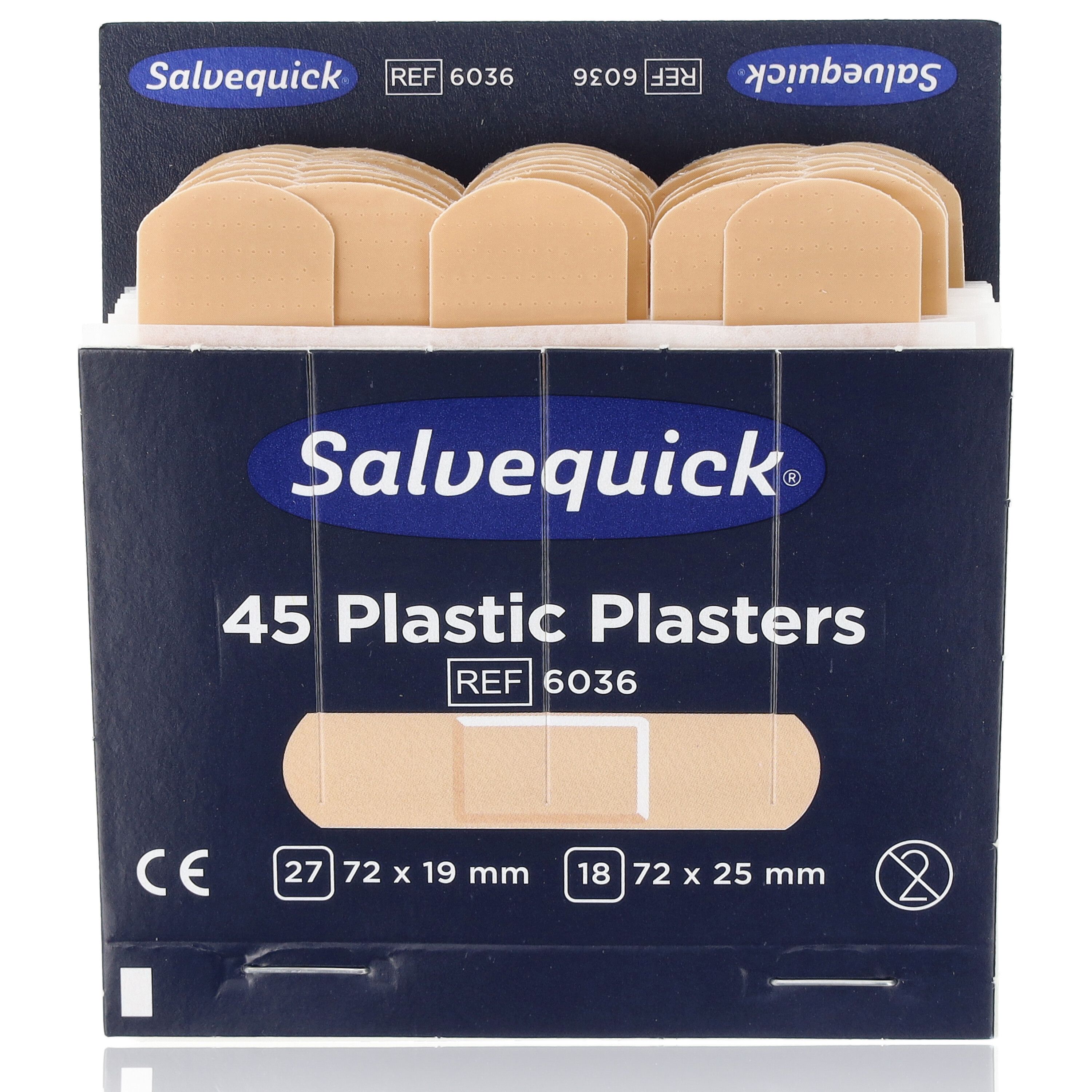 Verpackung mit Salvequick Pflastern. Enthält 45 Kunststoffpflaster, REF 6036. Größen: 27 x 72 x 19 mm, 18 x 72 x 25 mm. CE-Kennzeichnung.