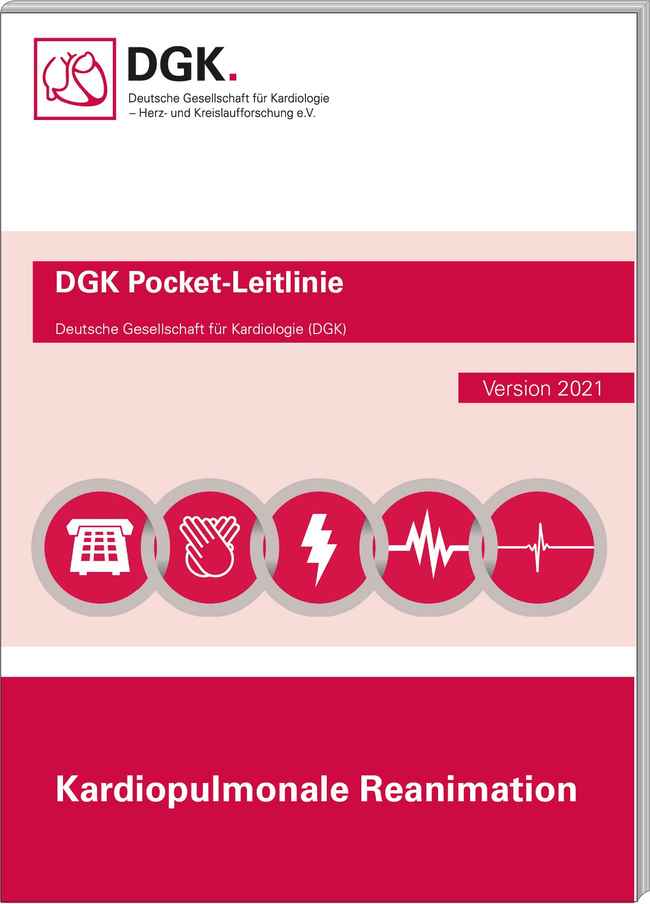 Taschenbuch mit dem Titel "DGK Pocket-Leitlinie". Auf dem Cover sind Logos und der Titel "Kardiopulmonale Reanimation" zu sehen.