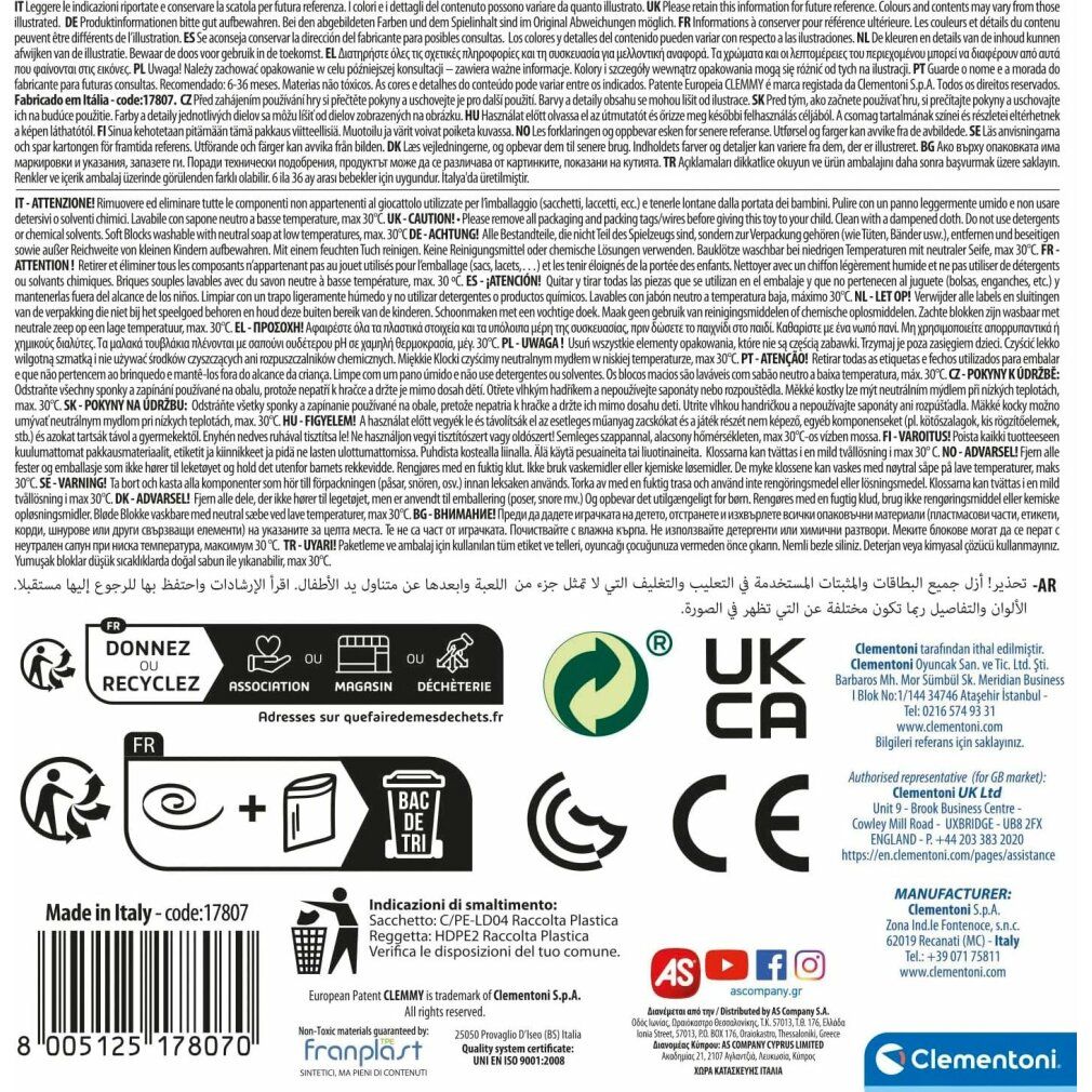 Rückseite der Verpackung. Text in mehreren Sprachen. Logos: UKCA, CE, Recycling, Hersteller Clementoni.