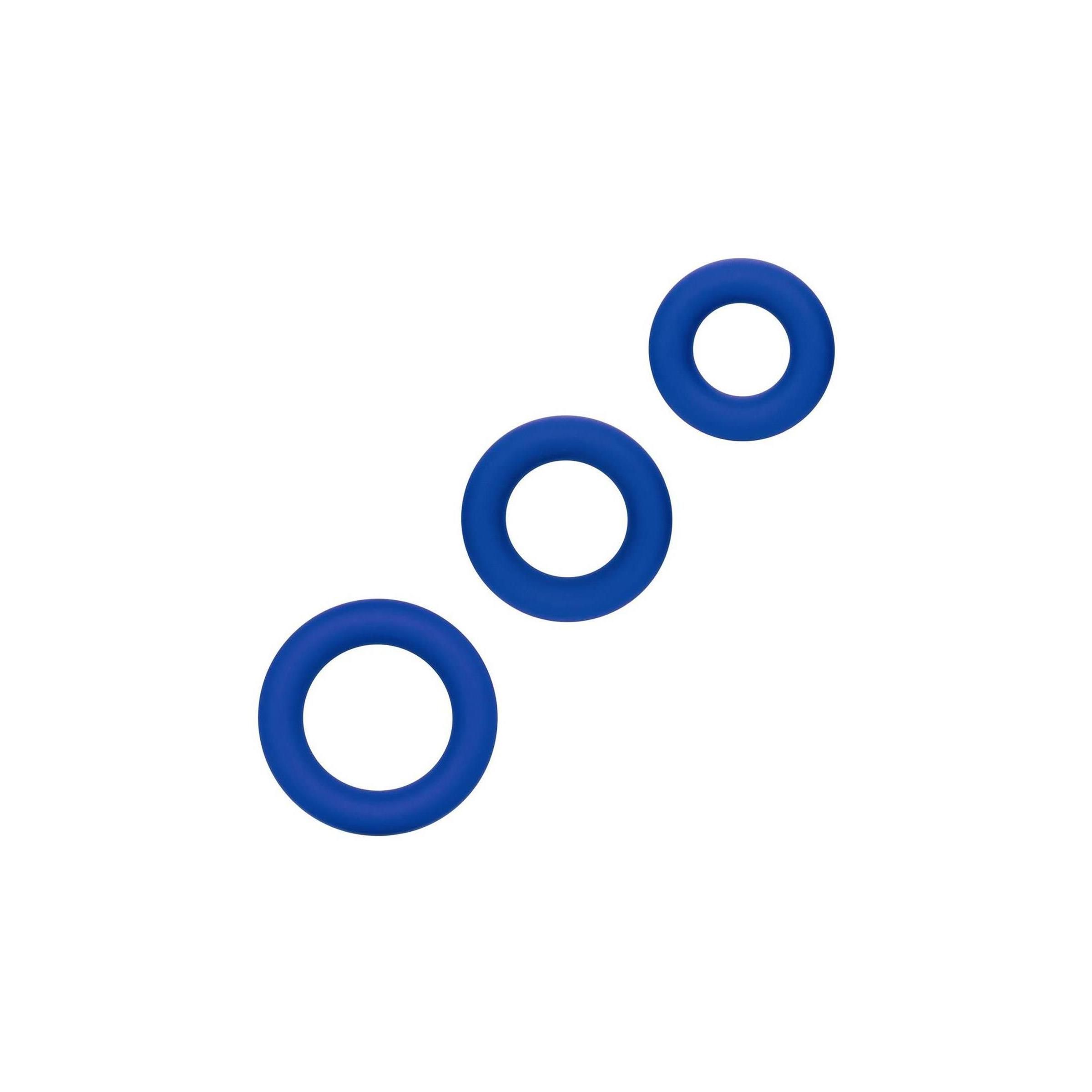 Drei blaue Silikon-Cockringe in verschiedenen Größen. Ringe sind rund und haben ein Loch in der Mitte.