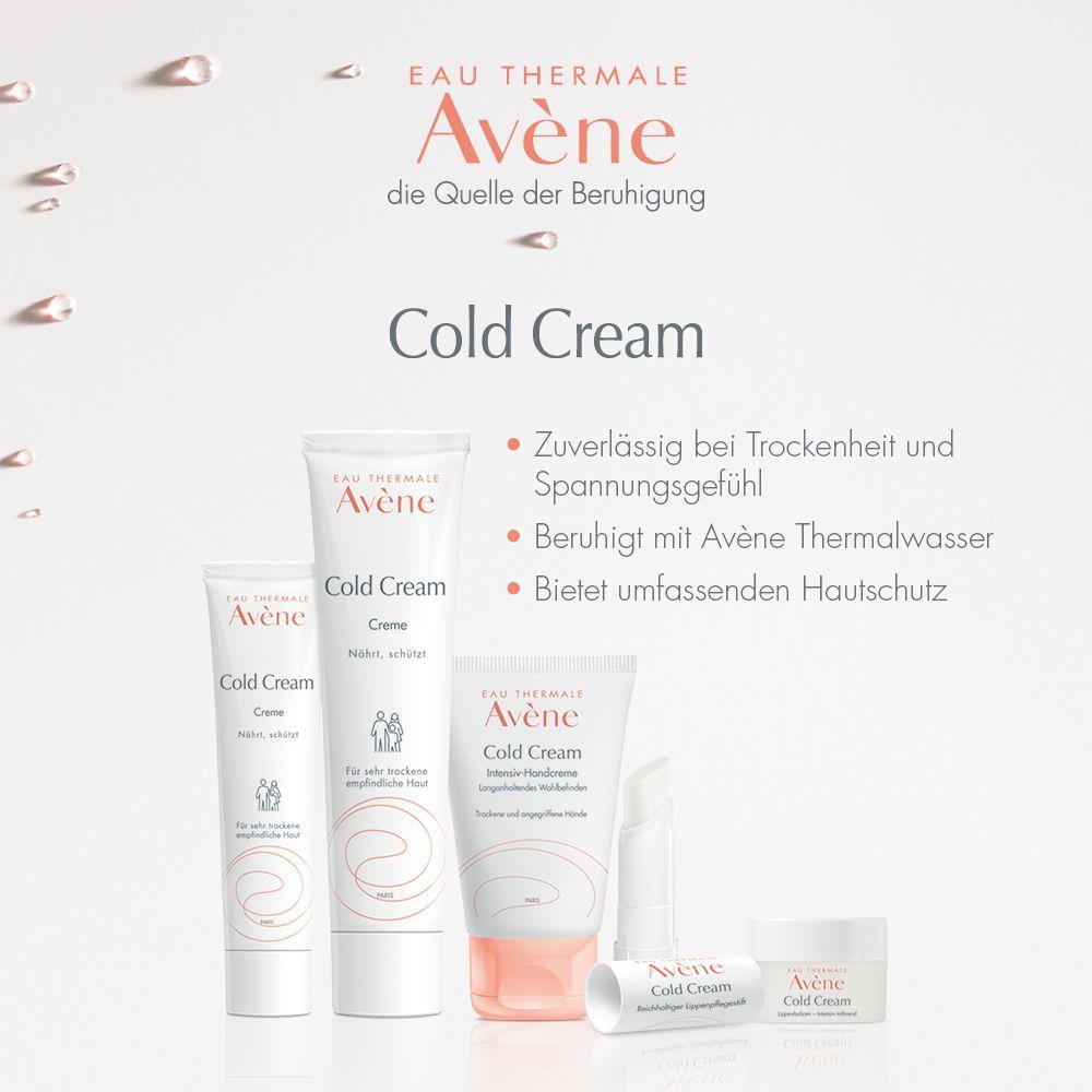 Verschiedene Avène Cold Cream Produkte. Tuben und Tiegel mit weißem Hintergrund. Text: Cold Cream.