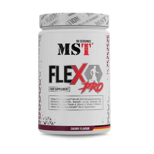 MST Flex Pro Nahrungsergänzungsmittel in einem weißen Behälter. Das Etikett zeigt den Markennamen MST, Flex Pro in Rot und eine Abbildung einer Person. Es enthält 90 Portionen und hat einen Kirschgeschmack. Aufgeführt sind Inhaltsstoffe wie Kollagenpeptide, Glucosamin und Vitamine.