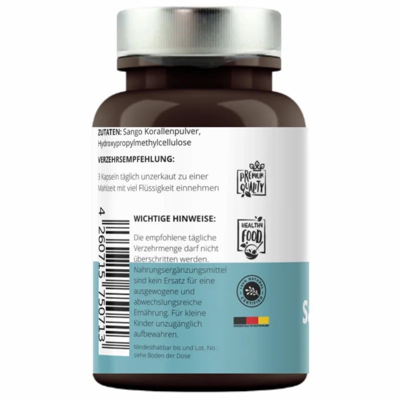Rückseite der Flasche mit Zutaten und Warnhinweisen. Premium Quality, Healthy Food.
