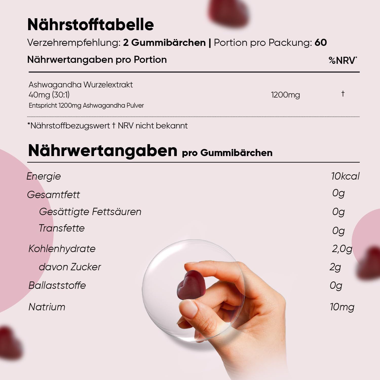 Nährwerttabelle mit Informationen zu Ashwagandha Gummibärchen. Eine Hand hält eine herzförmige Gummibärchen.